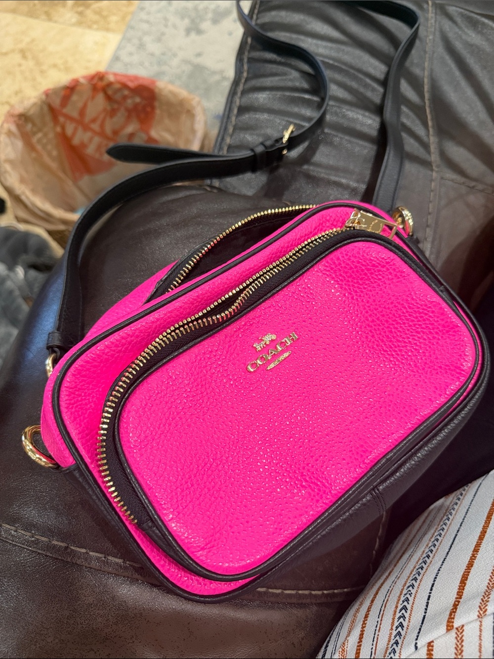 COACH Hot Pink Pebbled Leather Crossbody with Black Trim